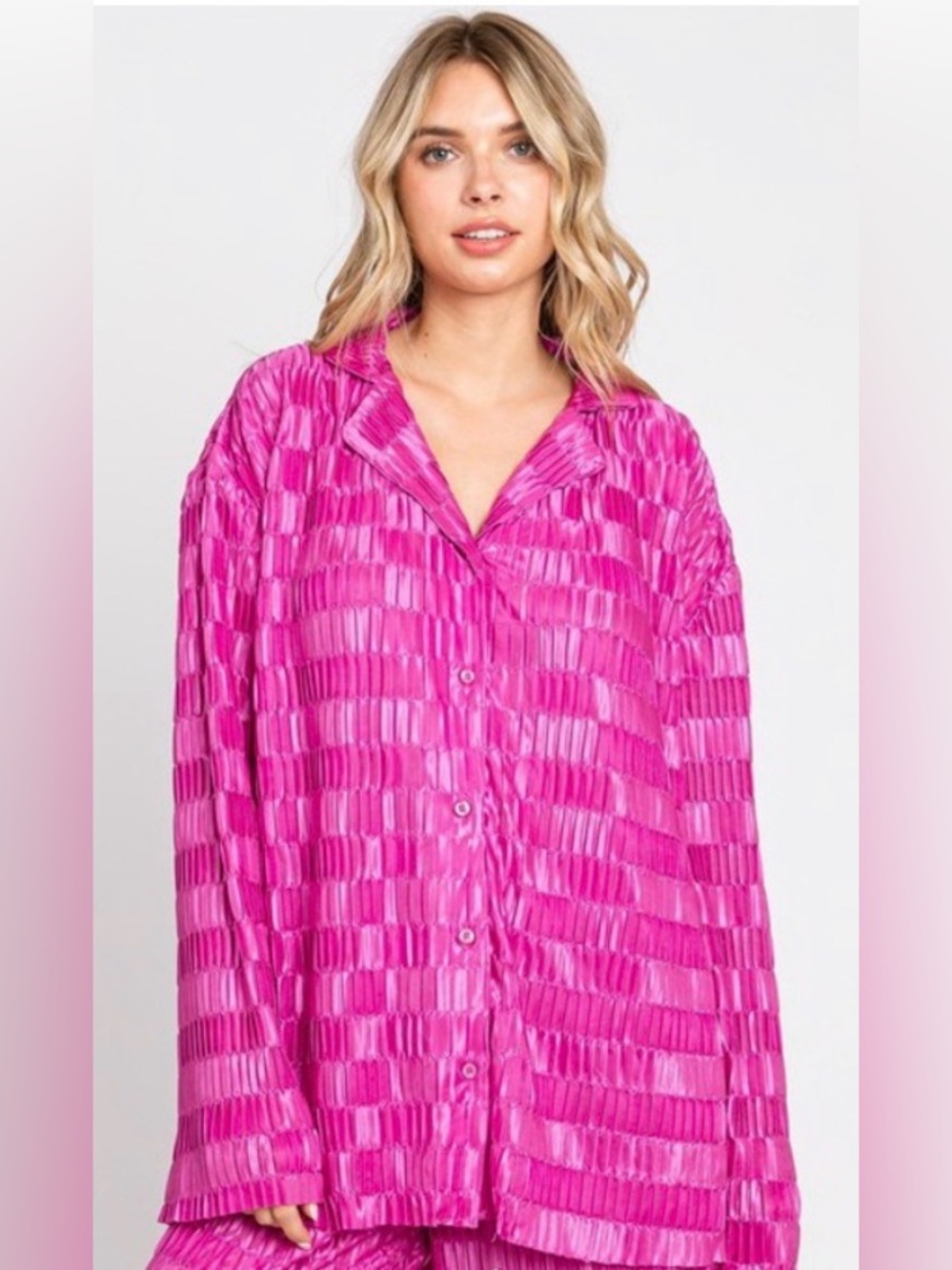 Women's Hot Pink (Plisse) Textured Button-Up Top